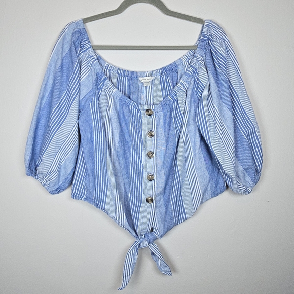 American Eagle Outfitters Tops - American Eagle Linen Blend Cropped Button Up Front Tie Top Stripe Puff Sleeve XL